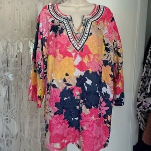 Charter Club Pink Yellow & Navy Embellished V-Neck Linen Tunic